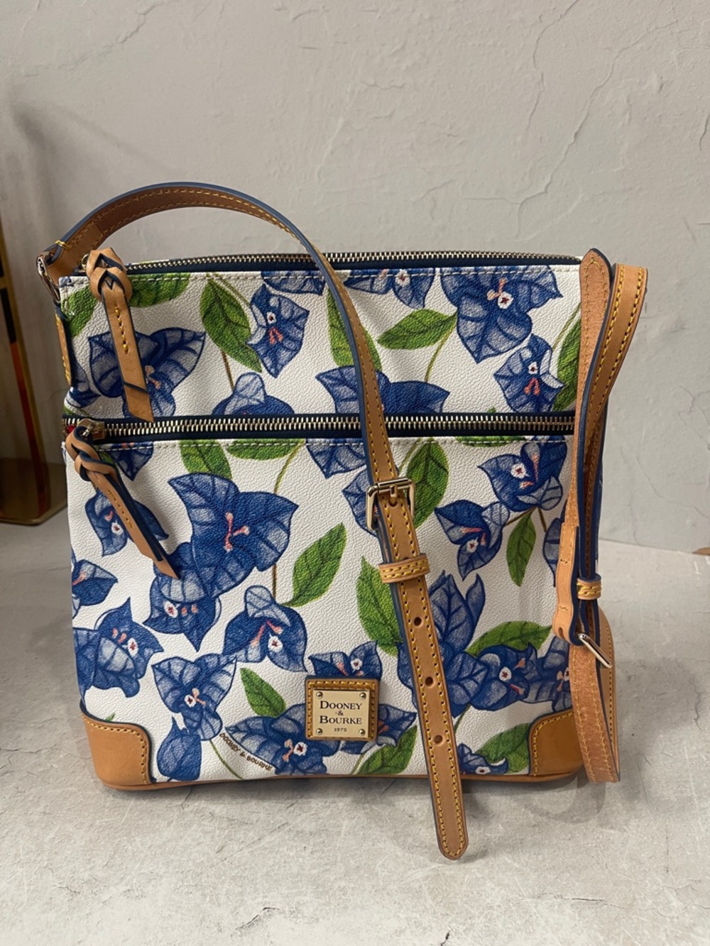 Dooney & Bourke Blue Floral Crossbody with Tan Trim